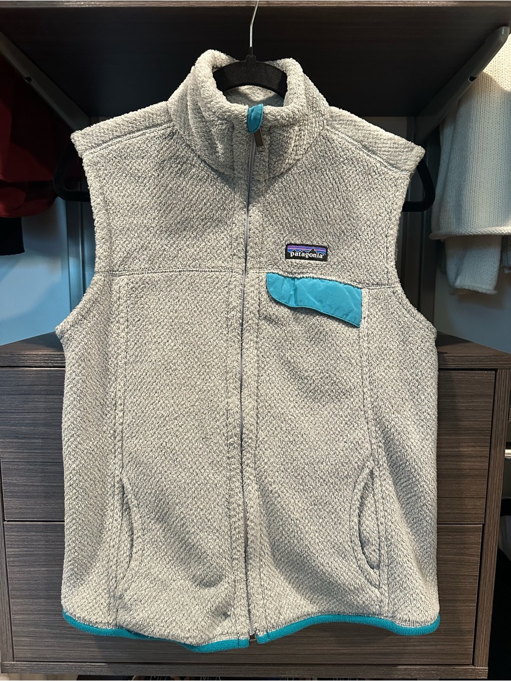Patagonia Women’s Retool Fleece Vest Gray with Turquoise Trim Medium